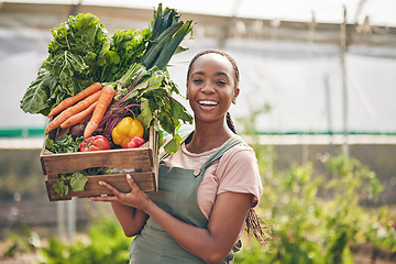 Image showing Woman, vegetables box and agriculture, sustainability or farming for supply chain or agro business. African farmer in portrait with harvest and gardening for NGO, nonprofit food or groceries basket