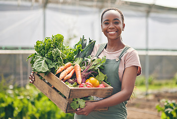 Image showing Woman, farmer and vegetables in greenhouse for agriculture, agro business and growth or product in box. Portrait of African worker with harvest, gardening and food, carrot or lettuce in basket