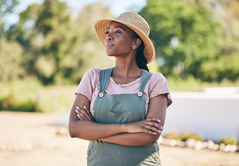 Image showing Black woman, thinking and farmer with arms crossed in nature for sustainability outdoor. Idea, agriculture and confident person on land for agro, eco friendly vision and summer garden countryside
