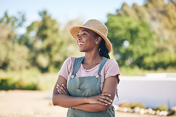 Image showing Thinking, black woman and farmer with arms crossed, happy and sustainability outdoor. Idea, agriculture and confident person smile in nature, agro and eco friendly vision in summer garden countryside