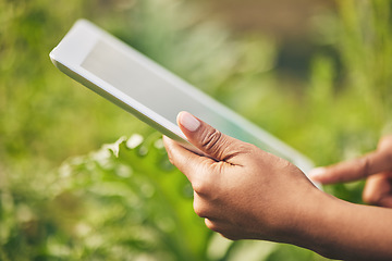 Image showing Hands on tablet, research and woman on farm checking internet website for information on plants. Nature, technology and farmer with digital app for sustainability, agriculture and analysis in garden.