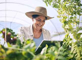 Image showing Farmer, woman and tablet in greenhouse for agriculture, farming and sustainability with or e commerce management. Happy worker on digital technology for gardening, food production and inspection