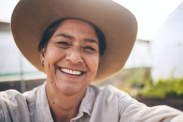 Image showing Farming, smile and selfie of woman in greenhouse, sustainable small business and agriculture. Portrait of happy, mature farmer at vegetable farm in summer with growth and development with agro plants