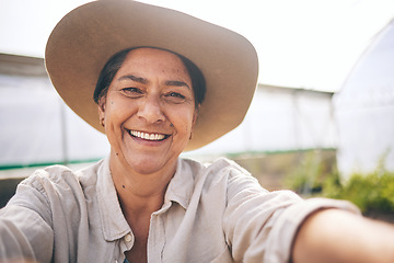 Image showing Farming, plants and selfie of happy woman in greenhouse, pride in sustainable small business and agriculture. Portrait of mature farmer at vegetable farm, growth in summer and agro entrepreneurship.