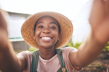 Image showing Happy farming, greenhouse and selfie of black woman with sustainable small business in agriculture. Portrait of farmer with smile at vegetable farm, agro career growth in summer and plants in Africa.