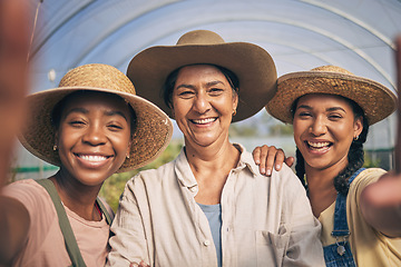 Image showing Greenhouse, smile and selfie of group of women in farming, sustainable small business and agriculture. Portrait of happy friends at vegetable farm, diversity and growth in summer with agro farmer.