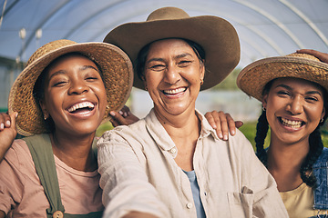 Image showing Greenhouse, group and happy selfie of women in farming, sustainable small business and agriculture. Portrait of female friends at vegetable farm, diversity and growth in summer with agro workers.