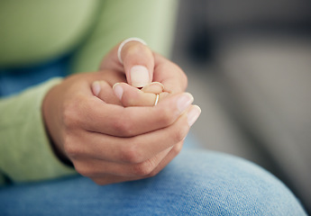 Image showing Anxiety, hands and woman with depression, scared and mental health crisis in her home. Fear, zoom and female with nails scratch habit from stress, trauma or abuse disaster, addiction or mistake fail