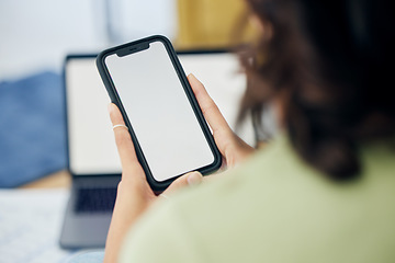 Image showing Phone, mockup and hands of woman with space for advertising, brand or social media communication at home. Smartphone, screen and female person with online, app and news, information and sign up promo