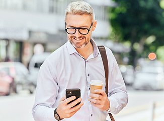 Image showing City, email and a businessman with a phone and coffee for morning travel, communication or a chat. Happy, executive and a mature employee reading a conversation on a mobile from an app with a drink