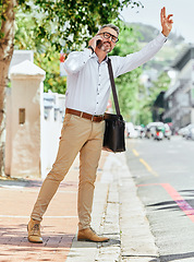 Image showing Businessman, phone call or hand for taxi in city travel, commute or trip to work on road. Mature person, employee and entrepreneur wave, hailing or transportation service stop gesture with technology