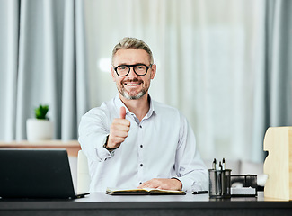 Image showing Portrait, thumbs up and smile with a business man in his office for support, motivation or success. Thank you, yes emoji and goals with a happy professional manager working in a notebook at his desk