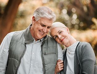 Image showing Smile, love and peace with old couple in nature for bonding, happy and support. Relax, happiness and retirement with senior man and woman walking in countryside park for vacation and commitment