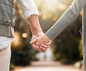 Image showing Love, park and relax couple holding hands, bonding and enjoy quality time together, freedom and nature wellness. Support, marriage and closeup people on romantic date, outdoor walk or Valentines Day