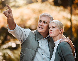 Image showing Senior couple, outdoor hiking and pointing with thinking, view or direction in nature, sunshine or adventure. Elderly man, woman and together with vision, walk or check environment on holiday in park