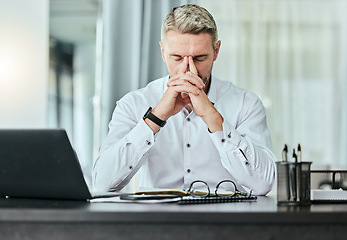 Image showing Stress, burnout and headache with a business man in the office, working on a laptop for a report deadline. Anxiety, mental health and tax with a manager overwhelmed by bankruptcy or financial crisis