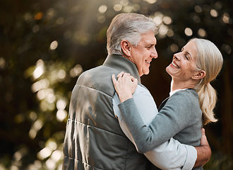 Image showing Smile, nature and senior couple dance, have fun and enjoy quality time together in woods, forest or romantic park date. Marriage, energy and elderly people care, support or bonding during retirement