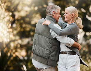 Image showing Love, nature and senior happy couple dance, have fun and enjoy quality time together in park, forest or woods. Outdoor wellness, energy and elderly people care, support or bonding during retirement