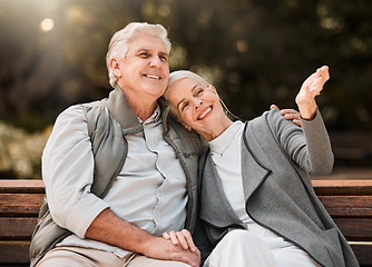 Image showing Love, park bench and senior happy couple relax, bonding and enjoy garden view, fresh air and nature wellness. Freedom, marriage and outdoor man, old woman or retirement people on romantic date