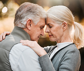 Image showing Love, forehead or face of senior couple bonding, slow dance and enjoy quality time together in park, forest or woods. Wellness, nature or elderly people care, support or connect on relax outdoor date