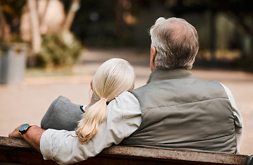 Image showing Love, park bench and back of relax couple bonding, care and enjoy time together, nature view and forest freedom. Natural wellness, marriage and outdoor people support, care and on romantic woods date