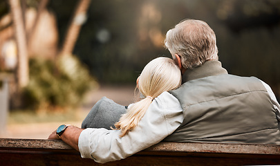 Image showing Park bench, back and relax couple bonding, care and cuddle together, connect and hug on outdoor forest break. Natural wellness, honeymoon and marriage people support, care and on romantic woods date