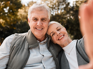 Image showing Park selfie, portrait and senior happy couple bonding, care and enjoy time together, nature and memory picture. Photography, face and old man, woman or marriage people with photo of romantic date