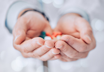 Image showing Hands, pills and doctor or pharmacist with healthcare, medical or medicine drugs closeup. Hospital, clinic or pharmacy with pharmaceutical, wellness and virus prevention medication for help and care