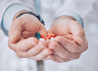 Image showing Hands, pills and doctor closeup or pharmacist with healthcare, medical person or medicine drugs. Hospital, clinic or pharmacy with pharmaceutical, wellness and virus prevention medication for care