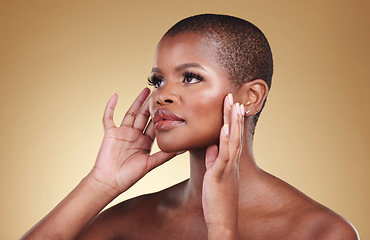 Image showing Face, makeup and beauty of a black woman in studio for self care, skin glow and cosmetics. Headshot of african person or aesthetic model with facial shine and eyelash extension on a beige background