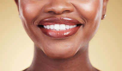 Image showing Woman, mouth and teeth, natural beauty and dental with cosmetics, skin and closeup isolated on yellow background. Smile, lipstick and makeup with dental health, shine and dermatology in a studio