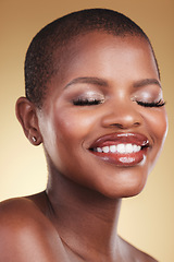 Image showing Beauty, makeup and face of a black woman in studio for self care, skincare and cosmetics. Headshot of african person or aesthetic model with facial shine, dermatology and glow on a beige background