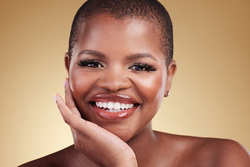 Image showing Beauty, smile and portrait a black woman in studio for skincare, glow and cosmetics. Face of happy african model person with facial shine, dermatology and self care for wellness on a beige background