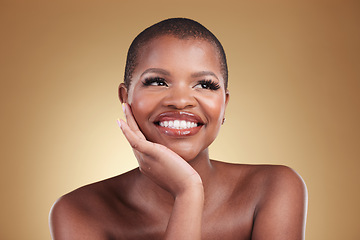 Image showing Beauty, thinking and a black woman in studio for skin care, glow and cosmetics. Face of a happy african model person with facial makeup shine, dermatology and wellness idea on a beige background