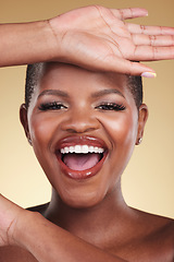 Image showing Beauty, natural makeup and face an excited woman in studio for skin care, glow and cosmetics. Portrait of an African model person with facial shine, dermatology and wellness on a beige background