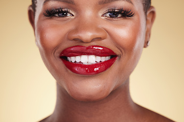 Image showing Red lipstick, black woman, beauty and portrait, makeup and smile, skin and shine isolated on studio background. Bold cosmetic product, lips and cosmetology, elegance and glamour with color and glow