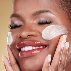 Image showing Skincare, face cream and happy black woman in studio for cosmetic application, wellness and hydration. Facial, cleaning and African beauty model with exfoliate, moisturizer or mask for makeup removal