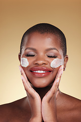 Image showing Skincare, smile and black woman with face cream in studio for makeup removal and wellness on brown background. Facial, cleaning and African model with moisturizer, exfoliate or beauty skin scrub