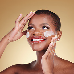 Image showing Skincare, smile and face cream for black woman in studio happy, dermatology or cosmetic results on brown background. Beauty, glow and model with facial, sunscreen or collagen or vitamin c application