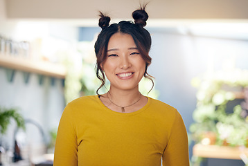 Image showing Asian, woman and happy portrait in home with happiness of cool gen z person in kitchen, living room or apartment. Smile, face of girl and unique fashion, hair style or casual confidence in house