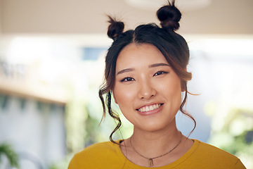 Image showing Asian, woman and happy portrait in home with cool gen z person with a smile in kitchen, living room or apartment. Face, happiness and girl with unique fashion, hairstyle or casual confidence in house