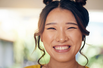 Image showing Asian, woman and portrait with a big smile in home with cool gen z person in kitchen, living room or apartment with happiness. Excited, face and girl with confident, pride and natural beauty in house