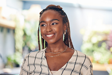 Image showing Smile, thinking and a young black woman with idea, happiness and positive attitude. Happy student or african person with freedom, future plan and confidence for startup career, memory or motivation