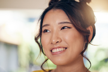 Image showing Thinking, smile and an Asian woman in a house to relax with an idea, comfort and peace. Morning, young and face of a girl or person with happiness, confidence and a break in a home or apartment