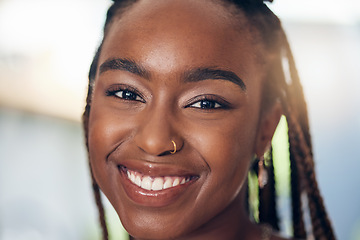 Image showing Smile, face and portrait of a young black woman with makeup, happiness and positive attitude. Closeup of a person with freedom, motivation and confidence to relax at home in Africa