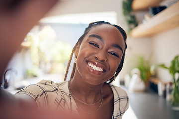 Image showing Smile, selfie and face of a young black woman for social media, happiness or positive attitude. Portrait of African person with freedom, motivation and confidence to relax at home for profile picture