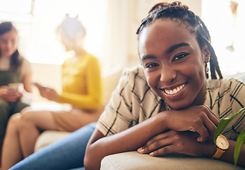 Image showing Happy, smile and portrait of black woman relaxing in living room with her friends in her modern apartment. Face, positive and young African female person sitting in the lounge for rest at her home.