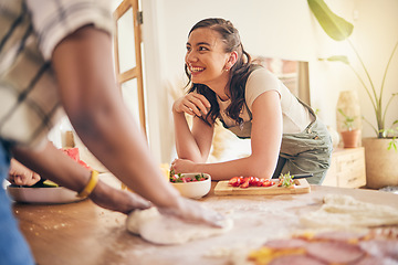 Image showing Food, friends and cooking in kitchen happy, fun and bond on the weekend in house. Brunch, meal and group of people together with flour for pizza, pasta or handmade, dinner and conversation at home