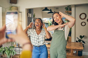 Image showing Dance, live streaming and social media with friends and phone for technology, influencer or content creator. Music, party and video broadcast with women dancing at home for gen z, film and mobile app