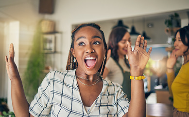 Image showing Friends, excited and black woman in home dance for relaxing, having fun and bonding together. Relax, happy and group of people in living room listening to music, audio and song for freedom and energy